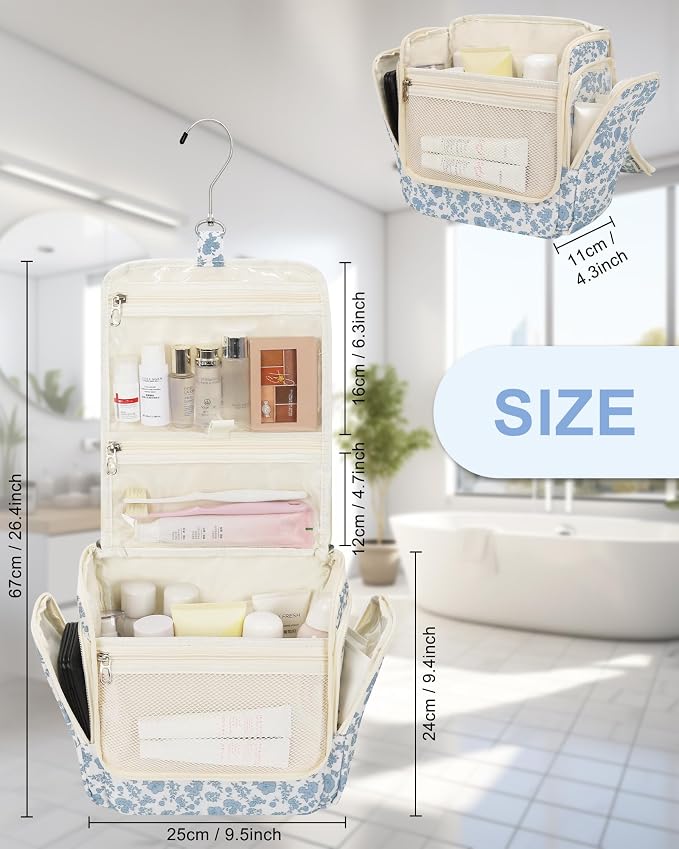 Relavel Hanging Toiletry Bag for Women, Travel Makeup Organizer Bag, Floral | Large Traveling Toiletries Bag Cosmetic Storage for Travel Size Essentials Kit Shower Caddy Bag for Bathroom Plane Beach Gym - Image 6