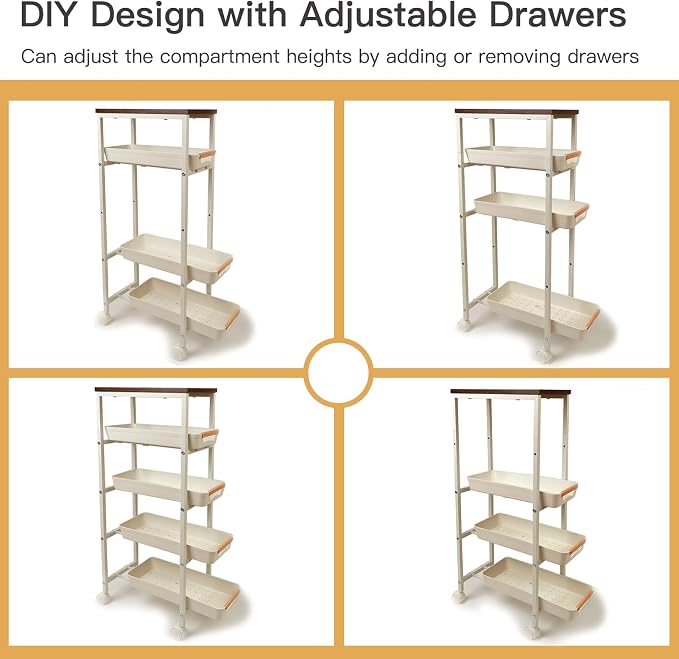 5 Tier Slim Storage Cart Metal Gap Filler with Wood Top White | Slim rolling cart fits 8" laundry gaps. Features a solid wood top for heavy detergents and breathable PP mesh drawers - Image 3