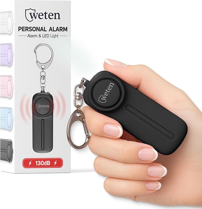 Personal Alarm Keychain for Women Self Defense - Loud Safety Whistle Alert Device with LED Light – 130 dB Emergency Security Handheld Siren Key Chain by WETEN, Black | 130dB Siren, LED Light, Panic Pin, Self-Defense Device, Emergency Whistle Alternative by WETEN