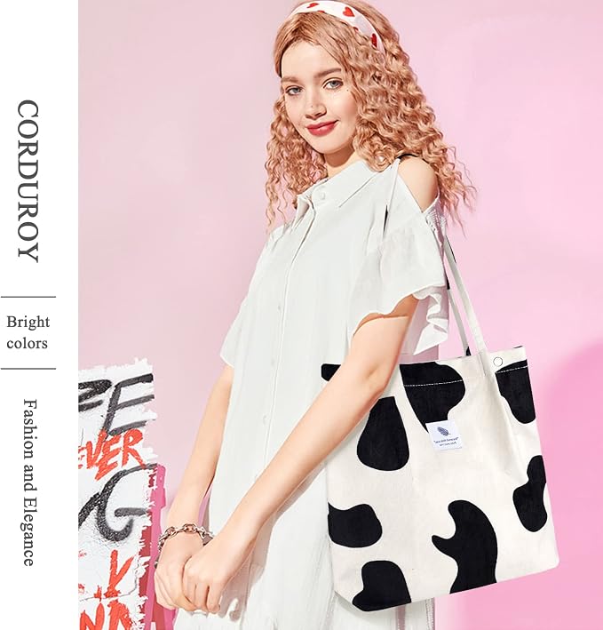 LHMTQVK Corduroy Tote Bags for Women, Large Capacity Tote Purse Reusable Grocery Shoulder Bag with Inner Pockets - Image 6