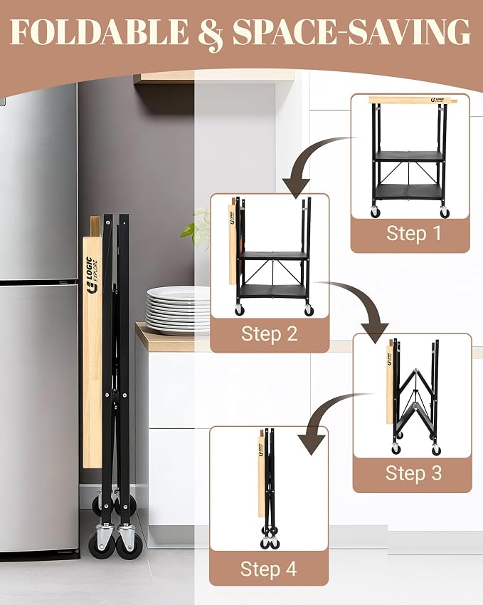 Foldable Kitchen Storage Cart, Solid Oak Top, Locking Wheels | Foldable 3-tier kitchen cart with solid oak top, metal frame and lockable wheels for a microwave, toaster oven and meal prep. - Image 2
