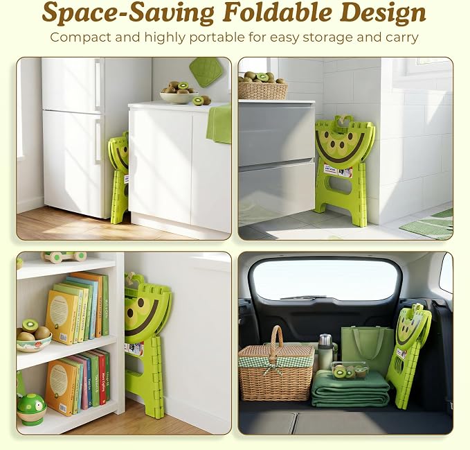 9 Inch Cute Folding Step Stool for Kids, with Handle, Kiwi Green | Foldable Step Stool, Heavy Duty, Lightweight, Non-Slip, for Toddler/Adults, for Kitchen Bathroom Outdoor, Sturdy Collapsible - Image 6