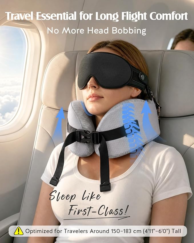 YFONG Travel Pillow with 3D Sleep Mask for Long Flights Airplane, Grey | Patented 360° Ergonomic Sleeper Hold Head Support System, Memory Foam Neck Pillow, Prevents Head Bobbing, Adjustable Strap - Image 2