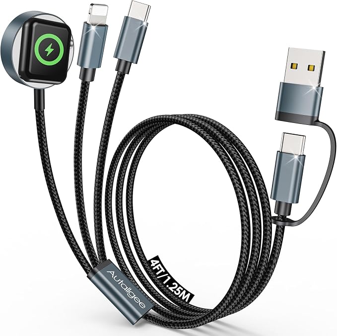 Airplane Travel Essentials Multi Charging Cable for Apple Watch Charger | 4FT for iPhone Charger and USB C Charger,Cruise Gadgets RV Essentials for iWatch Series/iPhone 17-11/Samsung S25 by Autallgee