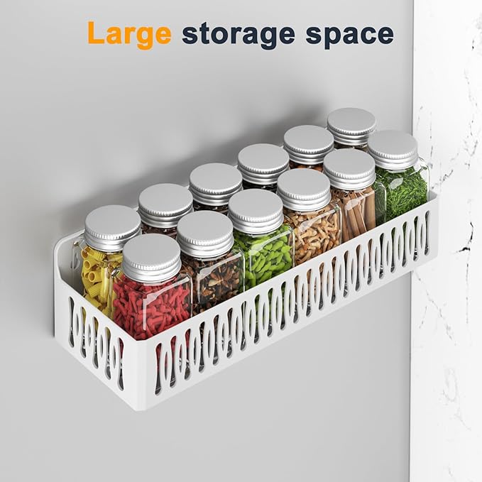 4-Pack Magnetic Spice Rack for Refrigerator with Hooks, White | Strong multipurpose magnetic shelf for kitchen & bathroom organization. Includes 4 removable hooks for hanging items. - Image 4