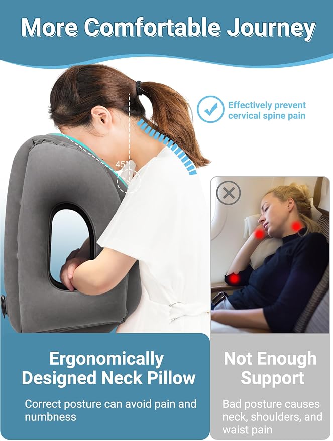 Maliton Inflatable Travel Pillow for Airplane (Dark Grey) | Comfortable Sleeping to Relieve Neck & Shoulder Pain,Support Head Inflatable Pillow for Long Flights, Used for Cars,Trains - Image 4