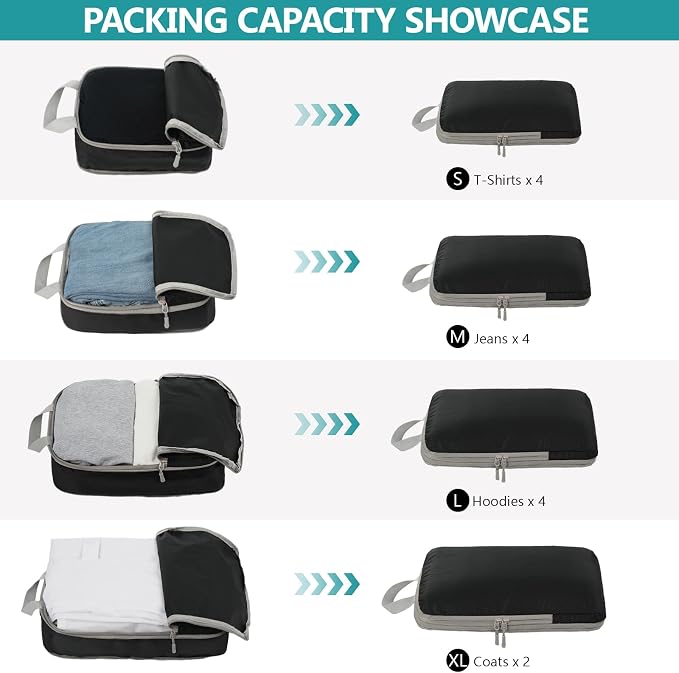 Compression Packing Cubes for Travel, 4 Set Expandable Packing Organizers, Lightweight Luggage Organizer Bags, Travel Essentials for Carry on, Handy Helper for Organizing Clothes，Black - Image 4