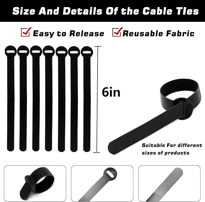 60pcs Reusable Fastening Cable Ties, 6-Inch Cable Straps Cable Management, Multi-Purpose Hook & Loop Cord Organizer Wire Ties, Adjustable Cable Organizer Cord Ties, Microfiber Cloth Straps,Black. - Image 2