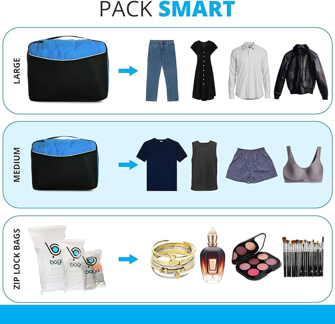 Bago Packing Cubes for Suitcases - 7Pcs Luggage & Suitcase Organiser Bags Set - Compression Packing Cubes for Travel Accessories Essentials - 4 Cubes plus 3 Sealed ZipBags (Blue), Blue, 4pcs Set, - Image 4