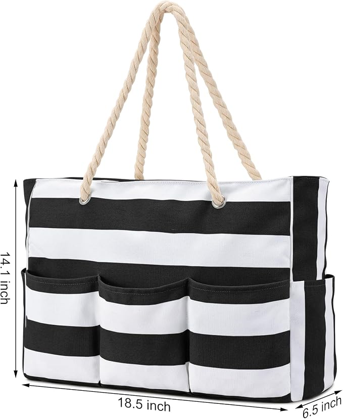 Becokan Beach Bags for Women Canvas Large Beach Tote Bag Zipper Waterproof Sandproof Foldable Swim Pool Bag with 7 Pockets - Image 6