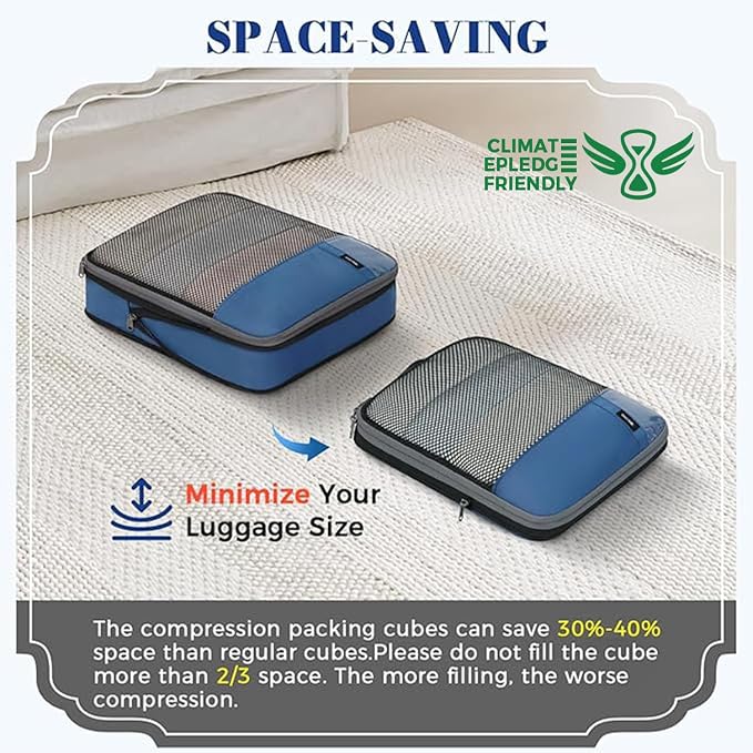 BAGAIL 4 Set/6 Set/8 Set Compression Packing Cubes Travel Accessories Expandable Packing Organizers(HalfMesh,8-Navy) - Image 7