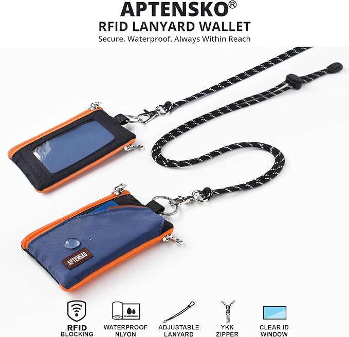 RFID Blocking Travel Wallet with Adjustable Lanyard, Small Nylon Zipper Pouch and Badge Holder for ID, Credit Cards, Cash, Keys, Commuters (Navy+Black) - Image 2