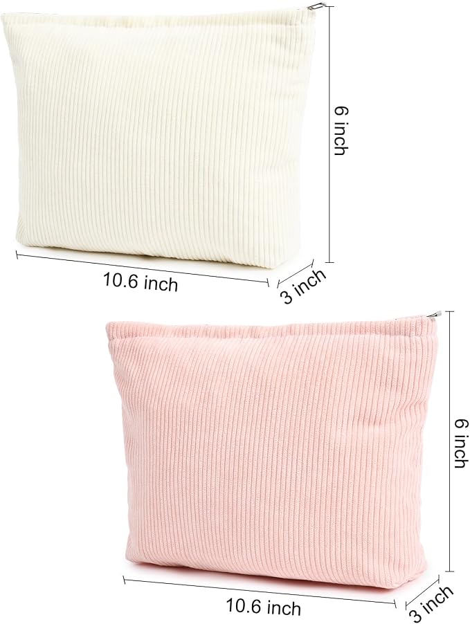 SOIDRAM 2 Pieces Corduroy Makeup Bag Large Corduroy Cosmetic Bag Capacity Canvas Travel Toiletry Bag Organizer Cute Makeup Brushes Aesthetic Accessories Storage Bag for Women, Corduroy L White Pink - Image 3