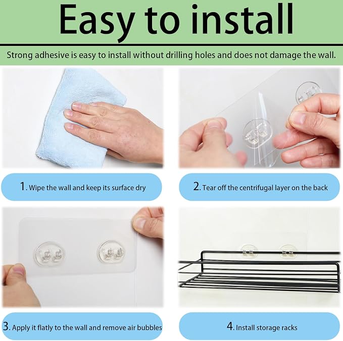 12 Pack Shower Caddy Adhesive Replacement Hooks Transparent Strong Waterproof Wall Hooks No Drilling Bathroom & Kitchen Organizers for Shelves, Soap Holders, Spice Racks(8 Double + 4 Single) - Image 6