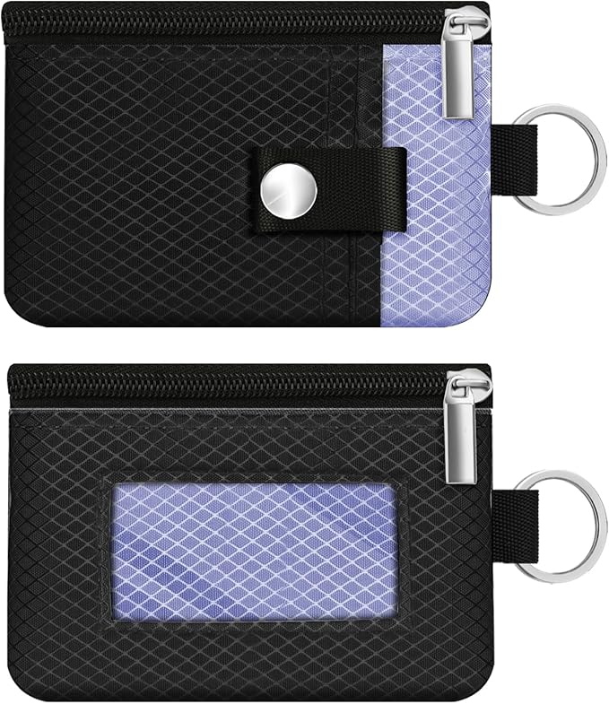 Minimalist RFID Blocking Small Wallet with ID Window,WaterResistant Zip Id Case Wallet with Lanyard Keychain for Cards,Cash,Travel,Women,Men (Black/Lavender Purple) by CCUMI