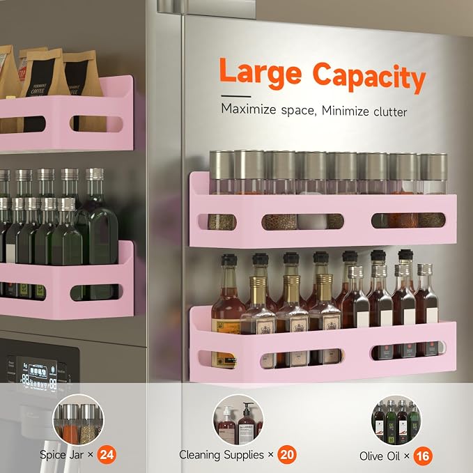 4-Pack Magnetic Spice Rack for Refrigerator with Hooks, Pink | Strong multipurpose magnetic shelf for kitchen & bathroom organization. Includes 4 removable hooks for hanging items. - Image 4