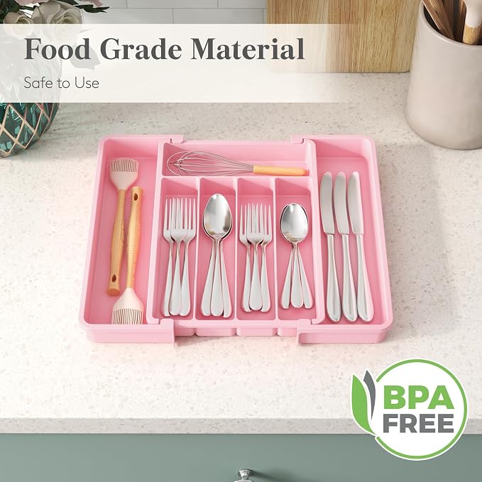 Lifewit Expandable Silverware Drawer Organizer, Kitchen Utensil Tray | BPA-free Plastic Flatware Cutlery Holder, Space-Saving Storage for Spoons Forks Knives, 8.5-14 x 12 x 1.5“, Pink - Image 6