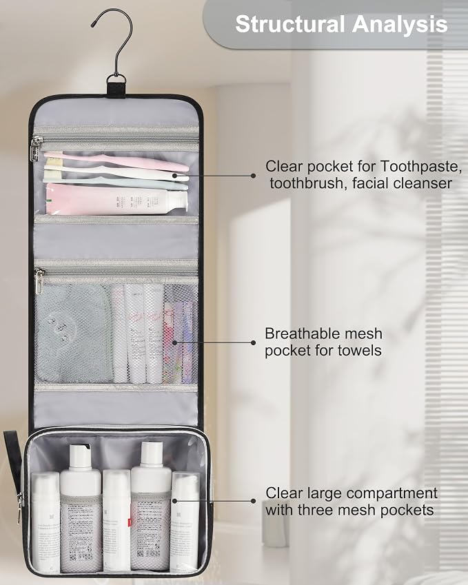 Small Hanging Toiletry Bag for Men and Women, Portable Hanging Organizer | for Travel-Sized Shower Dopp Kit, Makeup Accessories, Waterproof Toiletries Organizer with 3 Compartments for Outdoor - Black - Image 8