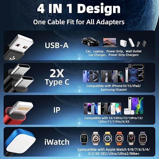 Dual Type-C 4 in 1 Charging Cable for Phone Watch Charger, Travel Essentials Multi Charging Cable iPhone Charger Cord Compatible with iWatch Ultra/SE/10-1, iPhone17 16 15 14, Android-1Pc 5FT - Image 2