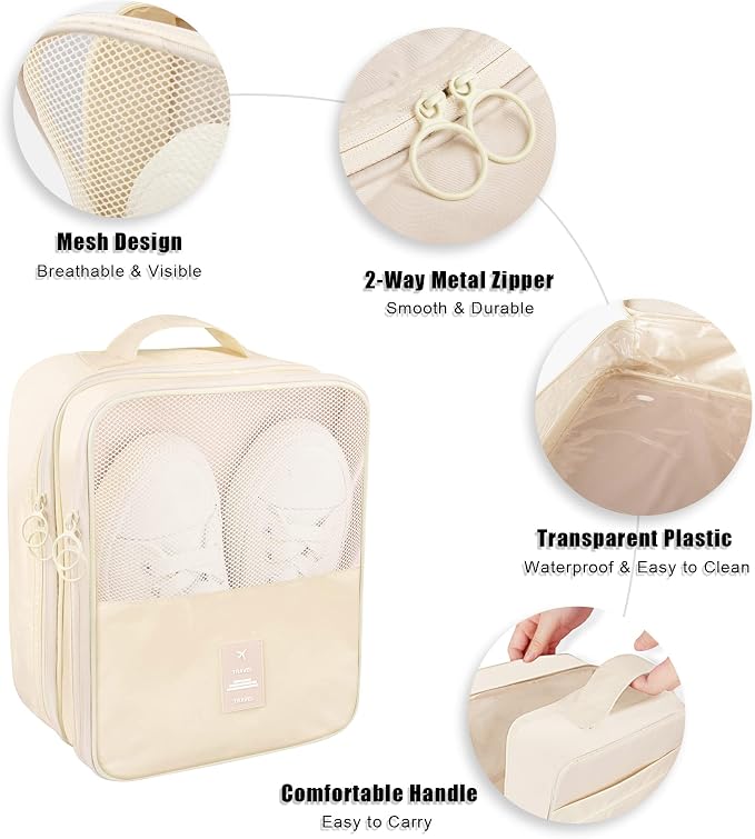 Travel Shoe Bag Waterproof Shoe Organizer Bag Holds 3 Pair of Shoes Shoe Packing Cube for Suitcase Travel and Daily Use Storage Pouch with Handle (Beige) - Image 6