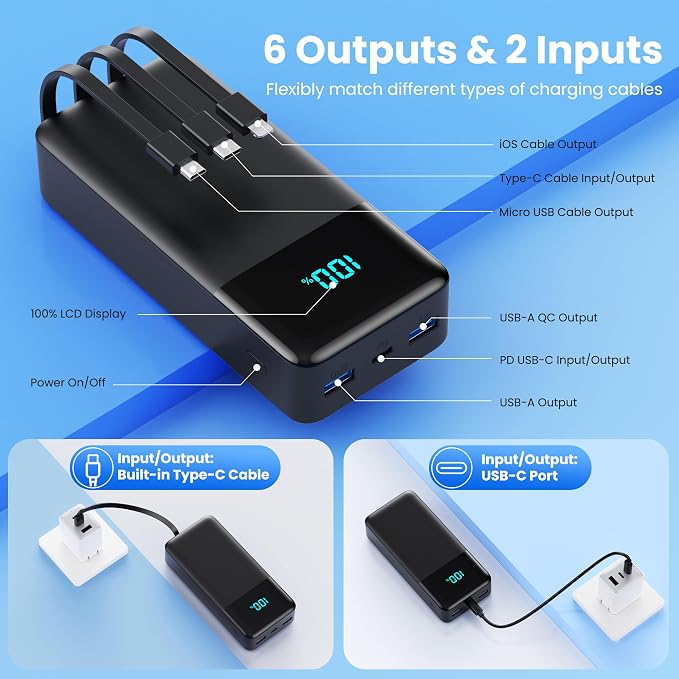 Portable Charger 60800mAh Power Bank with 3 Built-in Cable,25W PD USB C Power Bank Fast Phone Charging,QC4.0 Travel Outdoor Essential Portable Phone Battery Pack for iPhone 17/16/15/14,Galaxy Android - Image 5