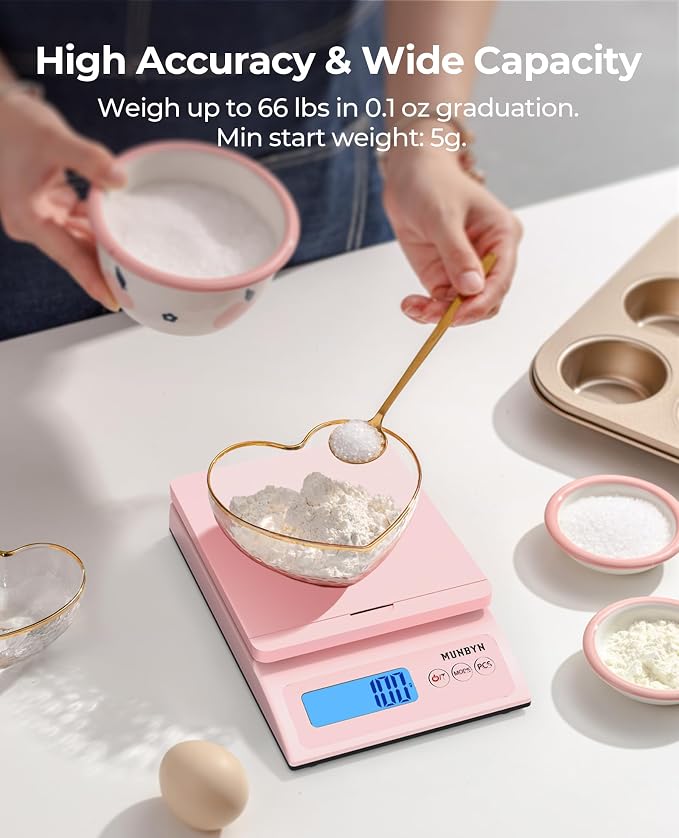 MUNBYN Shipping Scale, 66lb/0.1oz Accurate Digital Postal Scale Pink | Hold & Tare & PCS, Dual Power AC or Battery, Backlit LCD, Sweet Pink Design, Package Weight Scale - Image 2