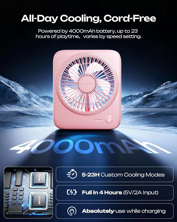 Otlonpe Personal Portable Desk Fan, 4000mAh Small Rechargeable Portable Fan Battery Operated & USB Powered for Travel Sleeping Bedroom Office Home Table, Cordless, Quiet, 4-Speed, 6.5 Inch (Pink) - Image 3