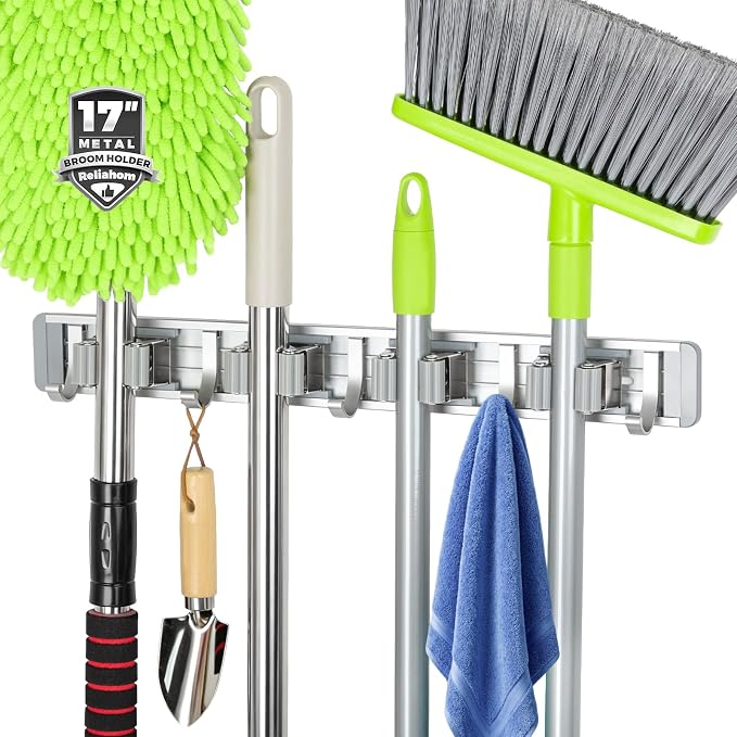 reliahom Broom Holder Wall Mount Mop Hanger Tools organizer 4Racks 5Hooks | Adjustable Stick or Screw Mop Broom Wall Hanging Tool Storage Rack Space-saving for Garage,Kitchen,Laundry Room,Garden,Silver by reliahom