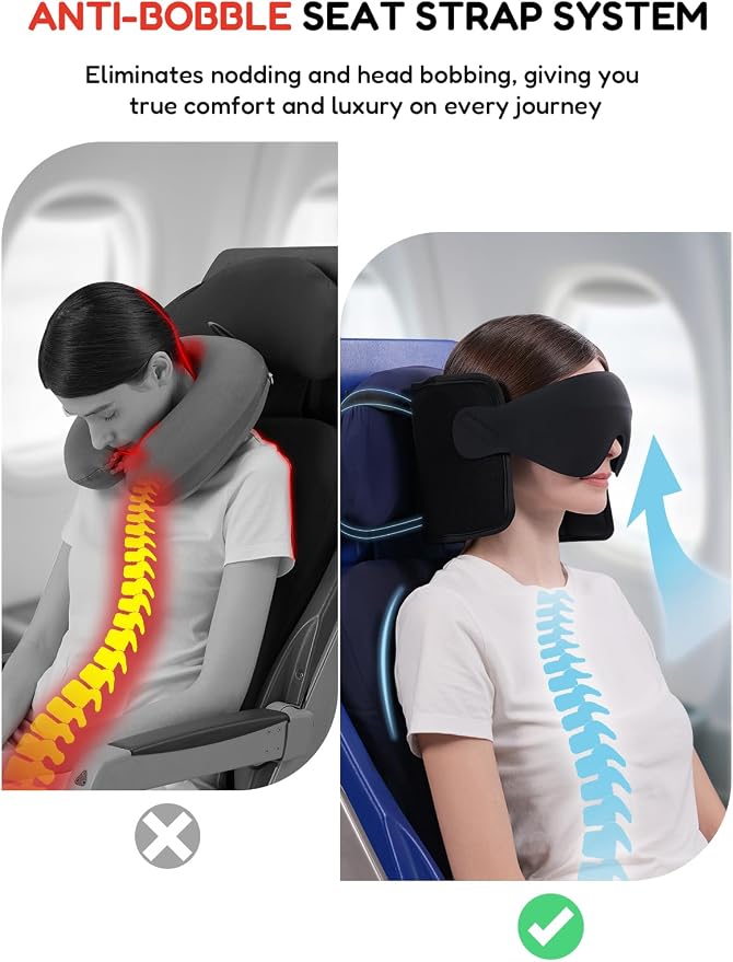 Travel Pillow for Airplanes Head Strap Support, 3D Eye Mask | 360 Airline Sleep Support Headrest Pillow No Bobbing Head Sleeping Aid Travel Essentials Long Flights/Car/Trip Mottled Red - Image 3