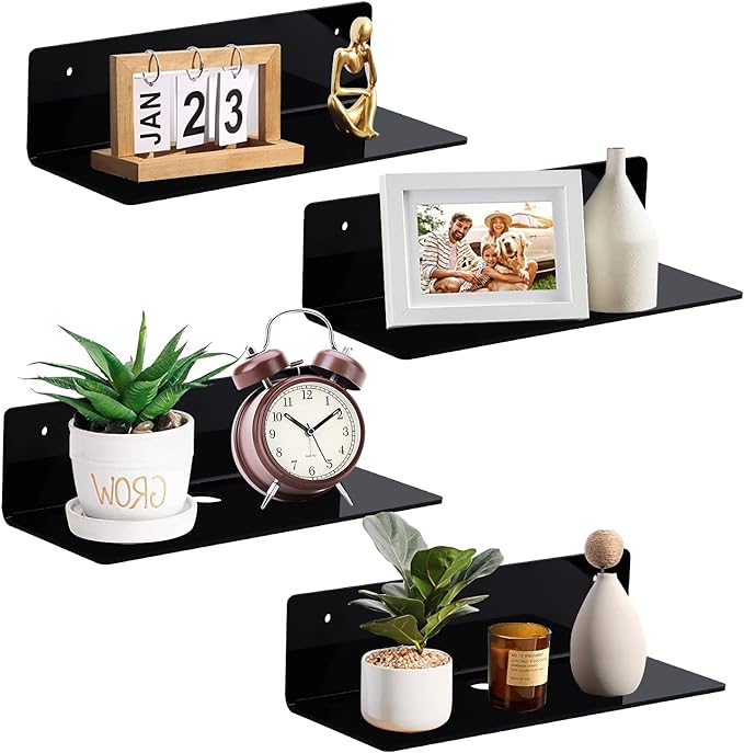 9 Inch Acrylic Floating Shelf No Drill Adhesive Wall Shelf Set of 4 for Funko Pop Storage, Floating Shelves Damage-Free Expand Wall Space for Living Room, Bathroom, Gaming Room, Office - Black by LUIUM