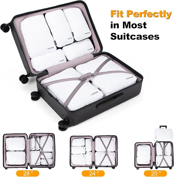 Compression Packing Cubes, Lumesner 8 Set Travel Packing Cubes for Carry on Suitcases, Compression Suitcase Organizers Bag Set & Travel Cubes(8-piece, White) - Image 3