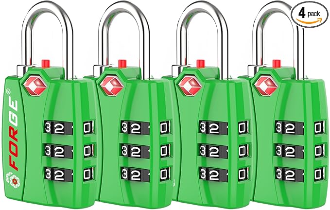 Forge Open Alert TSA Approved Luggage Locks - 3 Digit Combination, Easy Read Dials, Zinc Alloy Body - Ideal Travel Lock for Luggage, Suitcases, Bags & Toolboxes (Green 4PK) by Forge