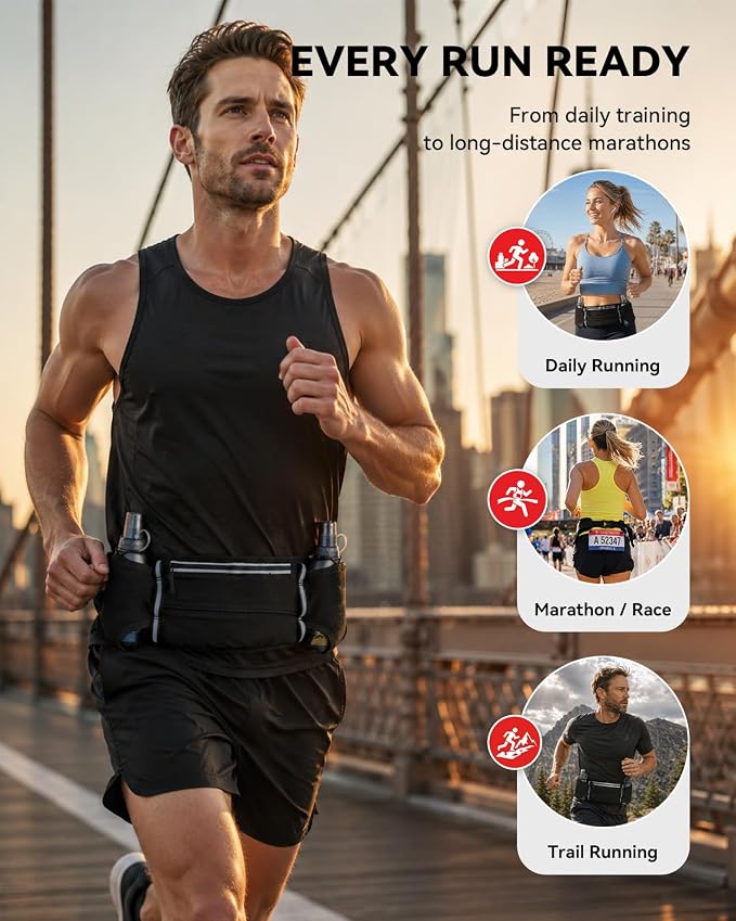 UTOBEST Running Hydration Belt with 2 Soft Flasks, 6-Pocket Waist Pack B5 | 2×200ml Soft Flasks, Waterproof Phone Pocket, Fits Phones Up to 6.9", Reflective Trim, Bib Clip for Race, Marathons, Training - Image 9