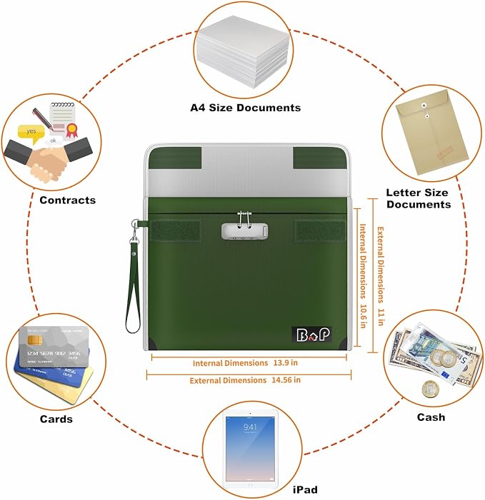 Fireproof Bag with Lock - 4200°F Heat Insulated, Waterproof Fireproof Money Bag with Zipper, Fireproof Document Bag for for Letter,A4,A5 Size Documents/Cash/Valuables/Passport, 13.9"x10.6"(Olive Drab) - Image 5