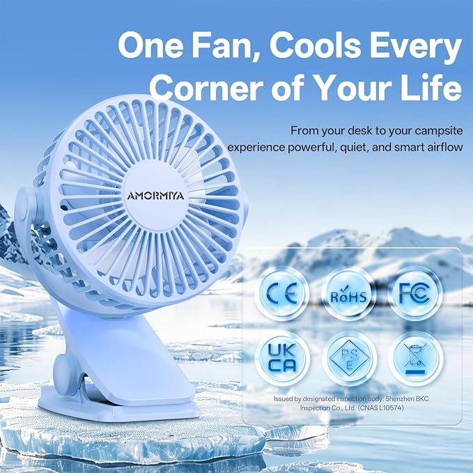 Portable Clip on Fan Rechargeable Mini for Desk Golf Camping Blue | 4000mAh 20H Battery, Quiet Brushless Motor 4.5m/s, One-Click Shutdown, 3 Speeds, Detachable Cover, Type-C Charge, 360° Rotate - Image 4