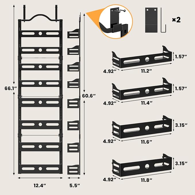 8-Tier Pantry Door Organizer, 2 IN 1 Wall Mount or Over The Door Pantry Organizer, Door Spice Rack with Adjustable Baskets, Over Door Organizer for Kitchen (12.4"W x 5.5"D x 66.1"H,1 Pack, Black) - Image 2