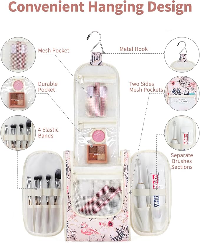 Narwey Small Hanging Toiletry Bag Women Travel Makeup Bag Organizer Toiletries Bag for Travel Size Essentials Accessories Cosmetics(Medium, Beige Bird) - Image 2
