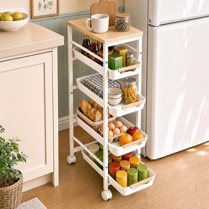 Pipishell Slim Storage Cart, Wooden Top Narrow Kitchen Storage Cart, White | 5 Tier Skinny Rolling Cart with Pull-Out Baskets, Vented Design & Lockable Wheels for Kitchen, Bathroom, Laundry Room by Pipishell