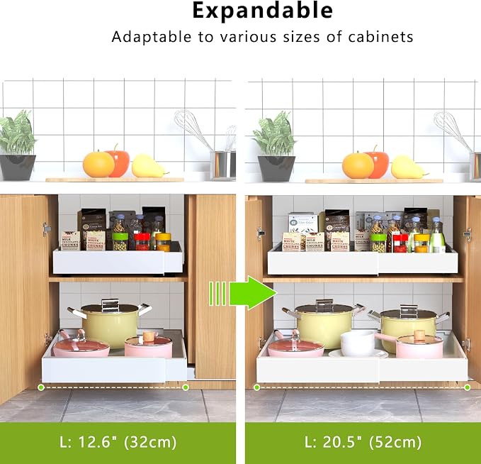 2 Pack Pull Out Cabinet Organizer 21" Deep Expandable Slide Out Drawer Organizers,No Drill Pull Out Drawers Adhesive with Nano Compatible Framed Cabinets Shelves For Kitchen Pantry Adjustable Width - Image 3