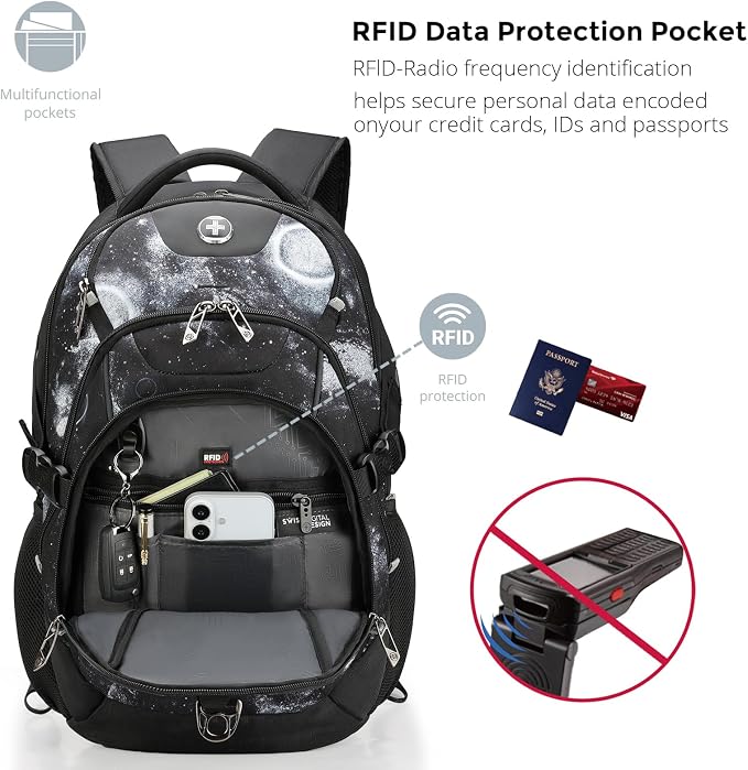 Swissdigital Laptop Backpack with USB Charging Port, Travel Backpack Fits 15.6 inches Computer, 31L Backpack for Men, Starry Sky | SD803-98 - Image 4