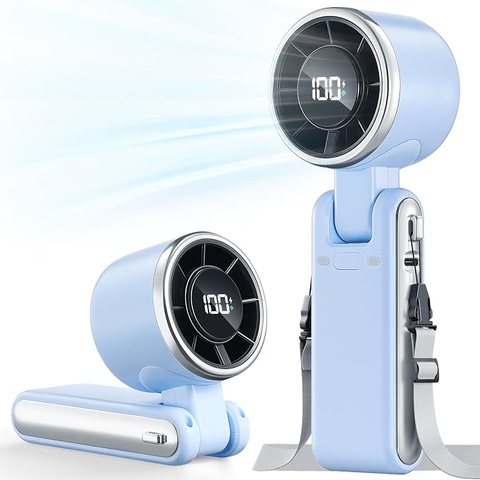 Portable Handheld Turbo Fan - 5 Gear High Speed 4000mAh Rechargeable Mini Personal Hand Fan Blow Cold Air, Battery Operated Travel Essentials, Gifts for Women, Men (Dew Drop Blue) by BEARWIND
