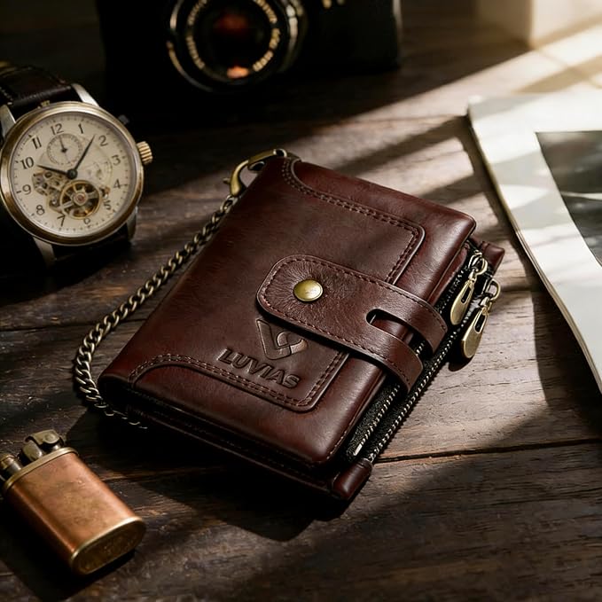 Mens Wallet with Chain Genuine Leather 1 ID Window Purse with RFID Blocking Bifold Double Zipper Coin Pocket - Image 6