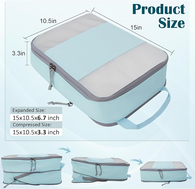 Compression Packing Cubes for Travel Suitcase Organizer Bags, Mesh Blue, L | Expandable Travel Cubes for Packing Luggage Organizer Bags Compression Bags for Travel Essentials - Image 2