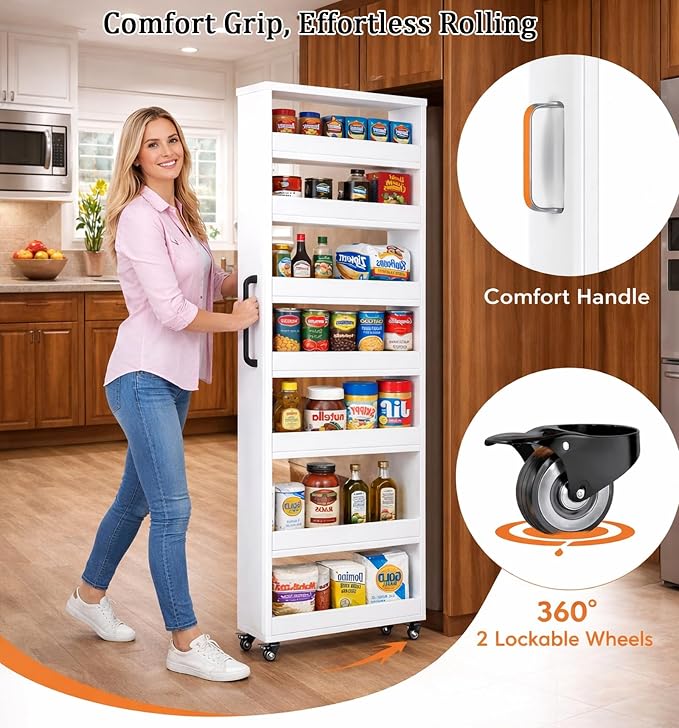 Beside Fridge Storage Slim Tall Cabinet - 7-Tier Tall Narrow Kitchen Pantry Pull Out Storage Cabinet Next To Fridge, Rolling Cart For Kitchen, Dorm, Bathroom, Laundry & Office (White, 15.7 in) - Image 4