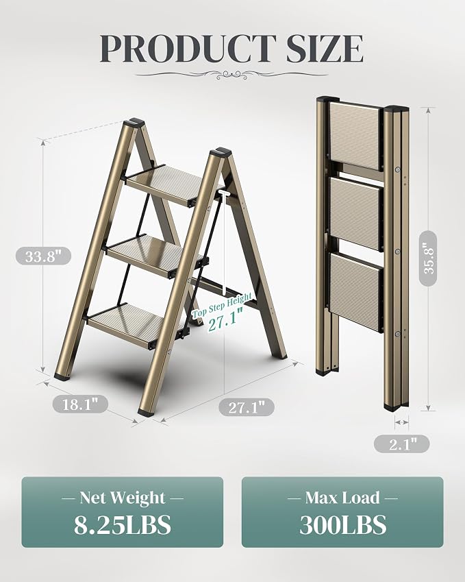 3 Step Ladder, Foldable Aluminum Step Stool with Anti-Slip Pedal | Lightweight yet Sturdy, Portable, Non Slip Feet, 300Lbs Capacity, Elegant Look, for Kitchen, Closet, Pantry, Champagne Gold - Image 6