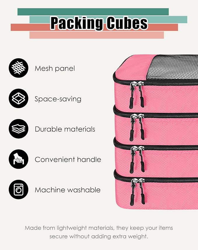 WTREE 4-Piece Packing Cubes Travel Accessories Set for Suitcases - Luggage Organizer Bags with Double Zipper - Mesh Top - Medium - Pink - Image 2