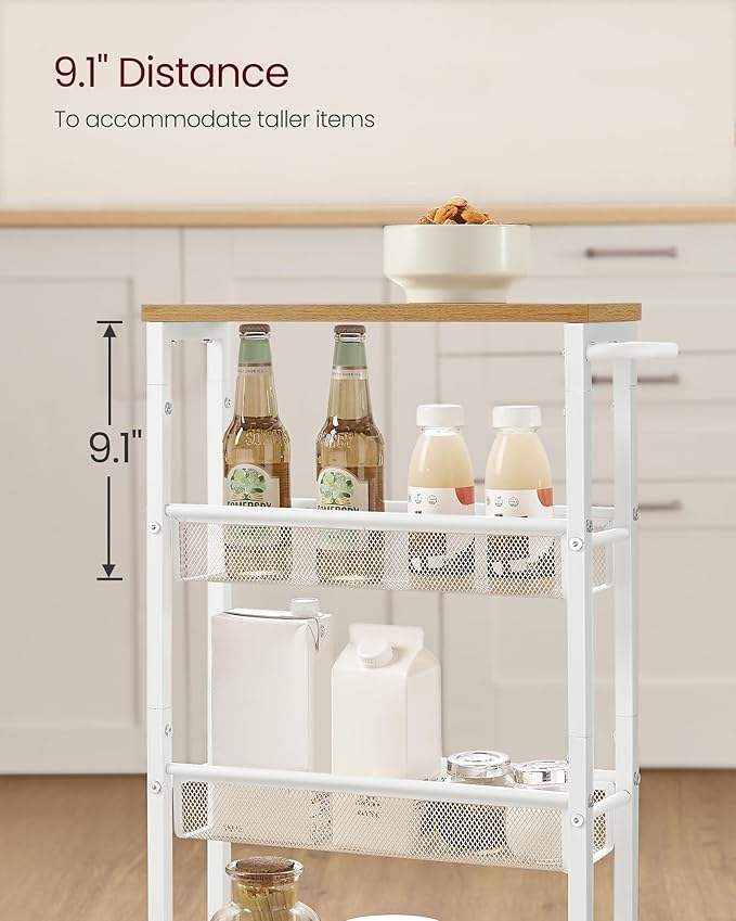 VASAGLE Slim Rolling Cart, 4-Tier, 5.1 Inches Deep, Steel Frame | Storage Cart with Handle, Narrow for Kitchen, Living Room, Golden Oak and Matte White, DACEY Collection ULRC032W09 - Image 6
