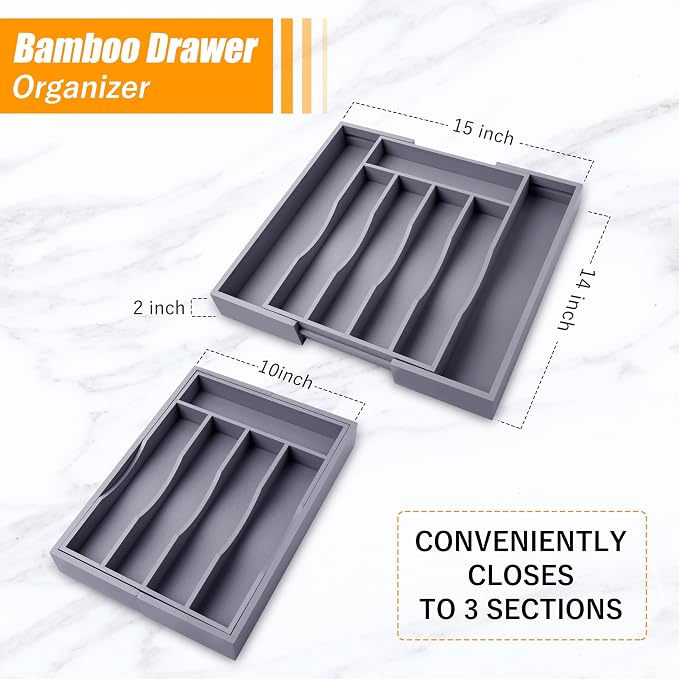 Kitchen Silverware Drawer Organizer and Storage Bamboo Wood Cooking Utensil Holder Cutlery Knife Jewelry Spice Rack Spoon Fork Multi Cabinet Organization Bathroom Counter Expandable Adjustable Tray - Image 5