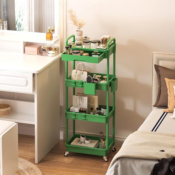 4 Tier Rolling Utility Cart with Drawer, Plastic Storage Organizer Rolling Carts with Wheels Handles Hanging Cups Hooks for Office, Bathroom, Kitchen,Craft Art Room (Green) - Image 9