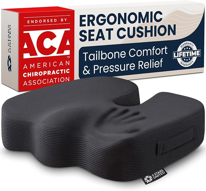 5 STARS UNITED Seat Cushion - Memory Foam Chair Cushion for Tailbone Pain Relief - Ergonomic Support for Coccyx, Sciatica & Butt - Office, Desk & Gaming Chair, Car Seat, Wheelchair, Airplane, Black by 5STARSUNITED